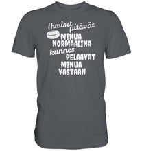 Load image into Gallery viewer, Ihmiset pitävät jääkiekko t-paita valkoisella tekstillä - Premium Shirt - FourFan
