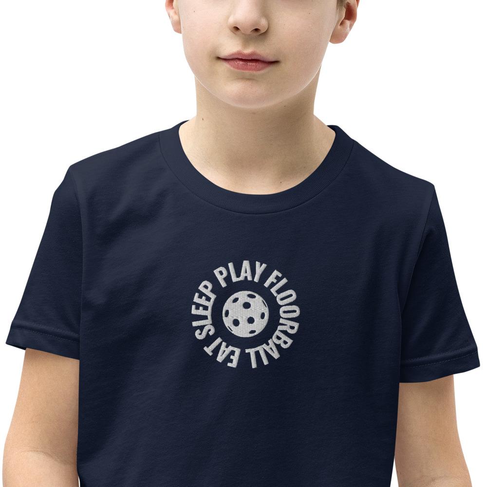 Lasten Eat Sleep Play Floorball t-paita (brodeerattu) - FourFan