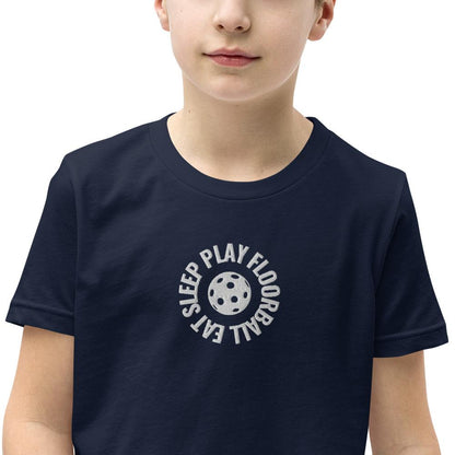 Lasten Eat Sleep Play Floorball t-paita (brodeerattu) - FourFan