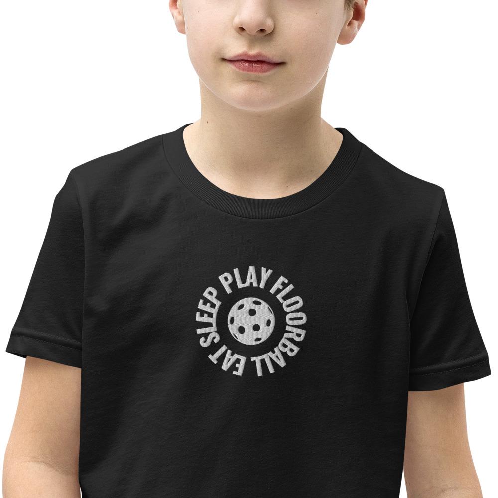 Lasten Eat Sleep Play Floorball t-paita (brodeerattu) - FourFan