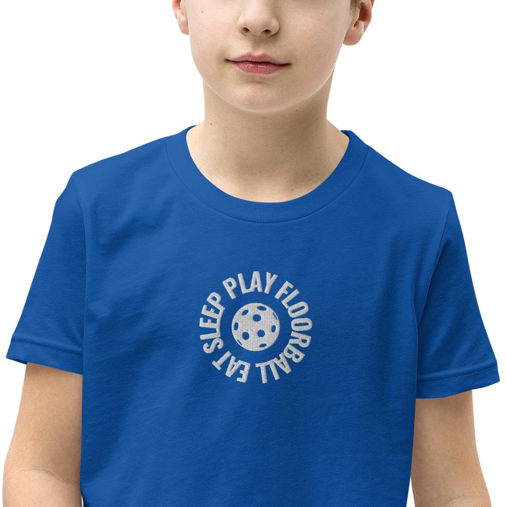 Lasten Eat Sleep Play Floorball t-paita (brodeerattu) - FourFan