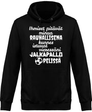 Load image into Gallery viewer, Rauhallisena kunnes jalkapallo huppari unisex valkoisella tekstillä - FourFan
